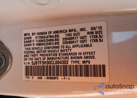 2012 Honda Crosstour Ex from USA, damaged, VIN 5J6TF3H30CL004302